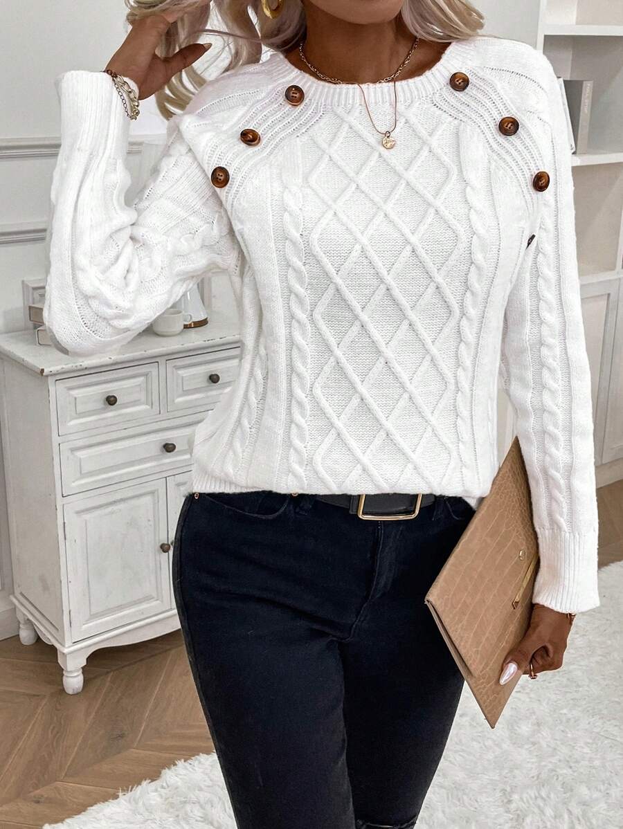 Lorraine | Button-Detail Cable Knit Jumper