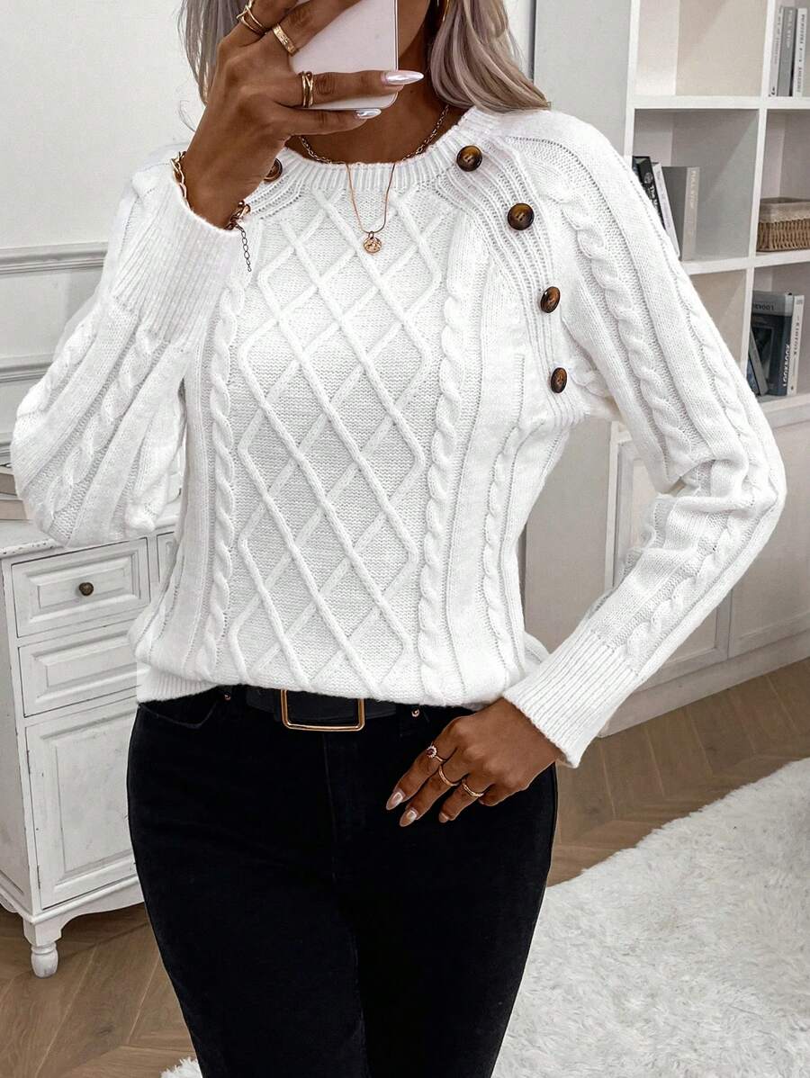 Lorraine | Button-Detail Cable Knit Jumper