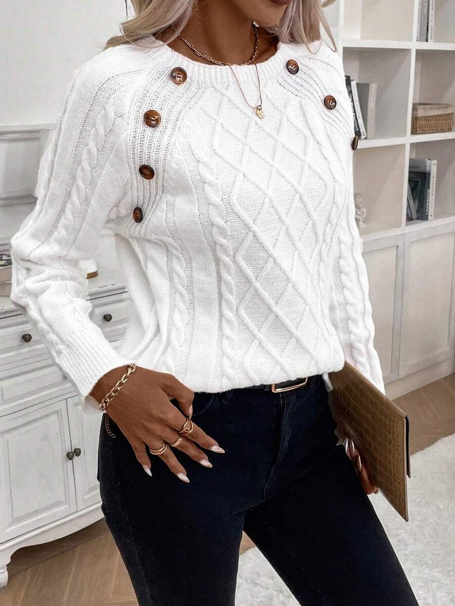 Lorraine | Button-Detail Cable Knit Jumper