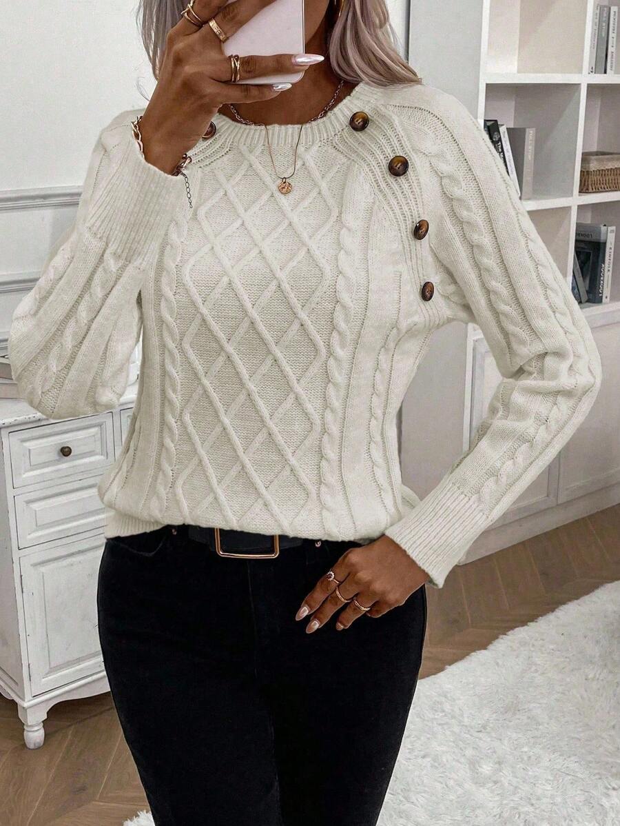 Lorraine | Button-Detail Cable Knit Jumper