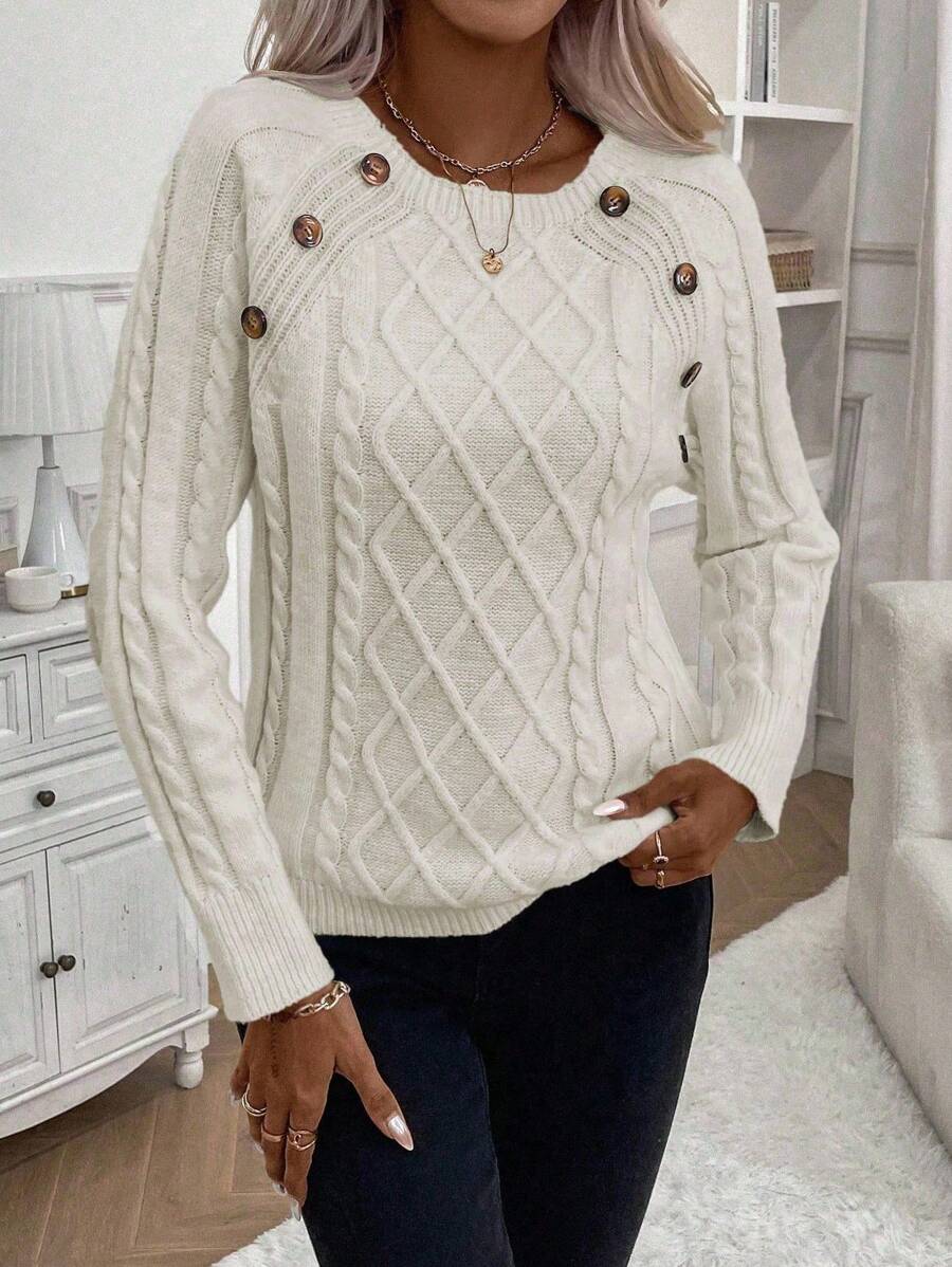 Lorraine | Button-Detail Cable Knit Jumper
