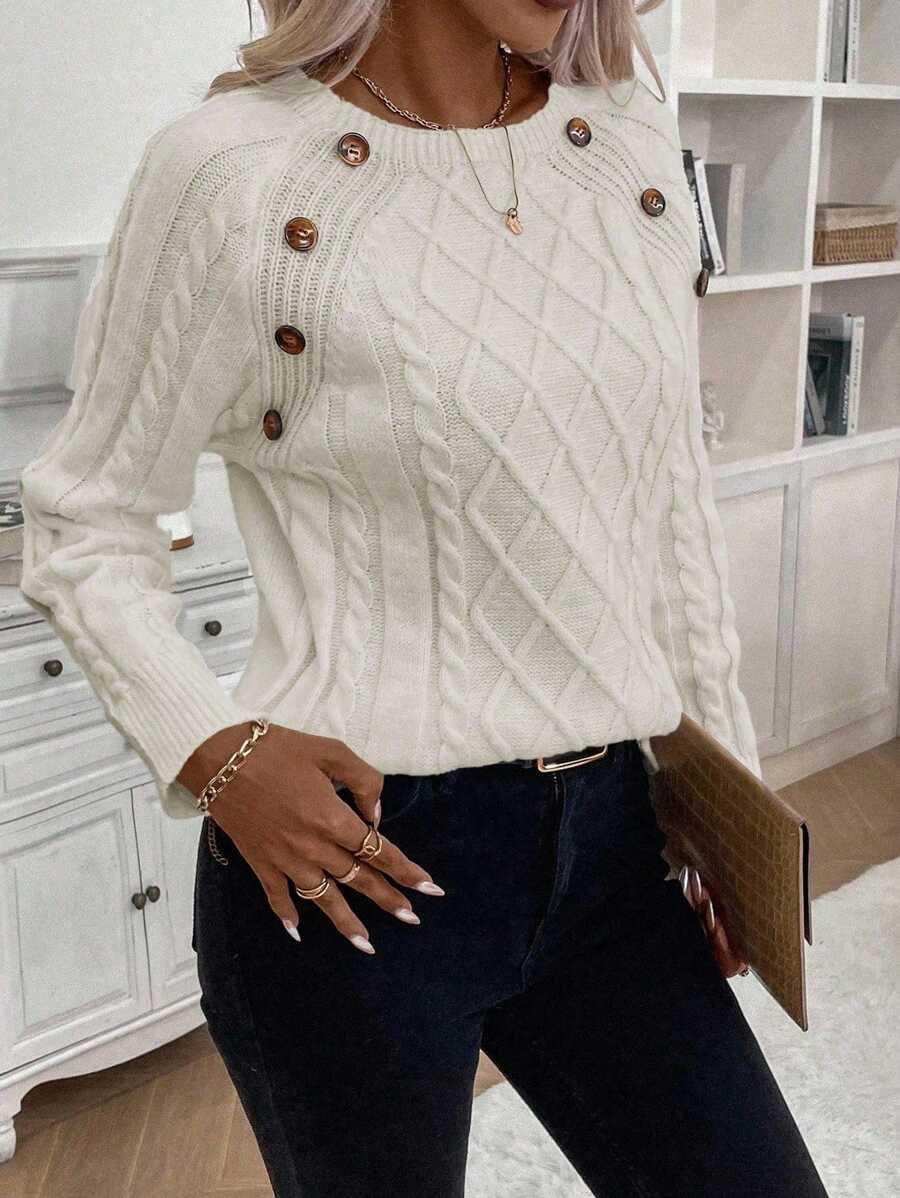 Lorraine | Button-Detail Cable Knit Jumper