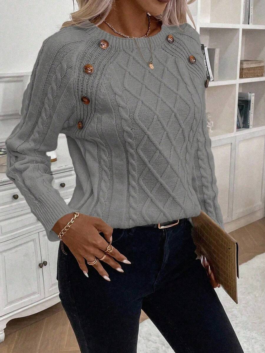 Lorraine | Button-Detail Cable Knit Jumper