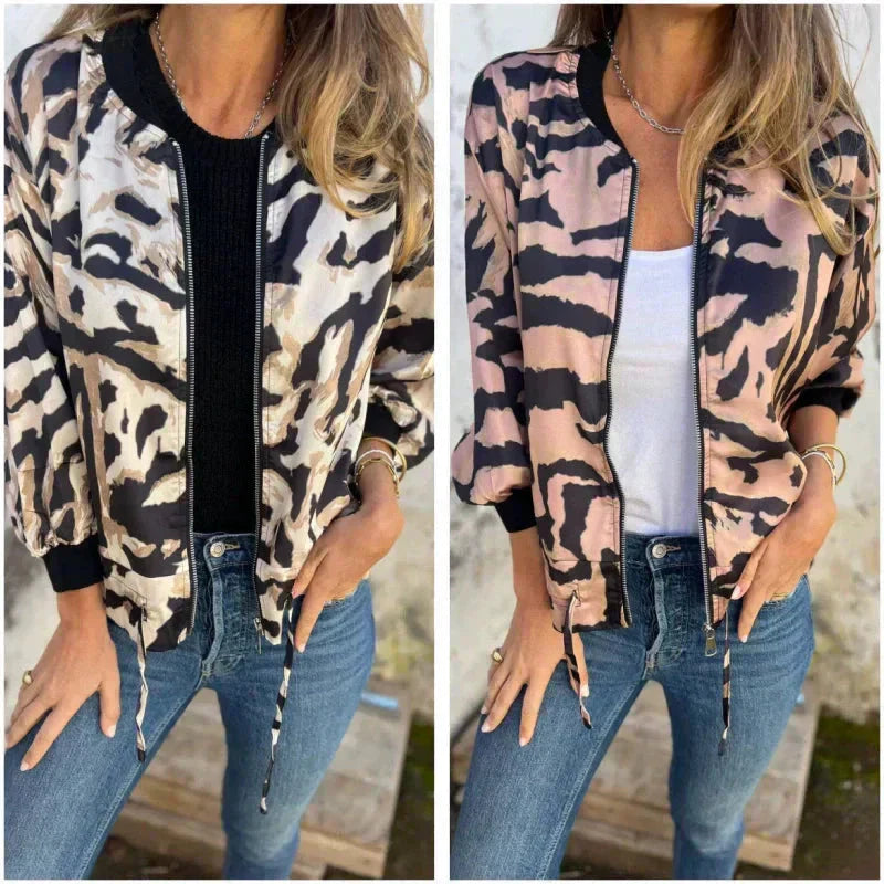 Lacey | Zebra Print Aviator Jacket with Zipper