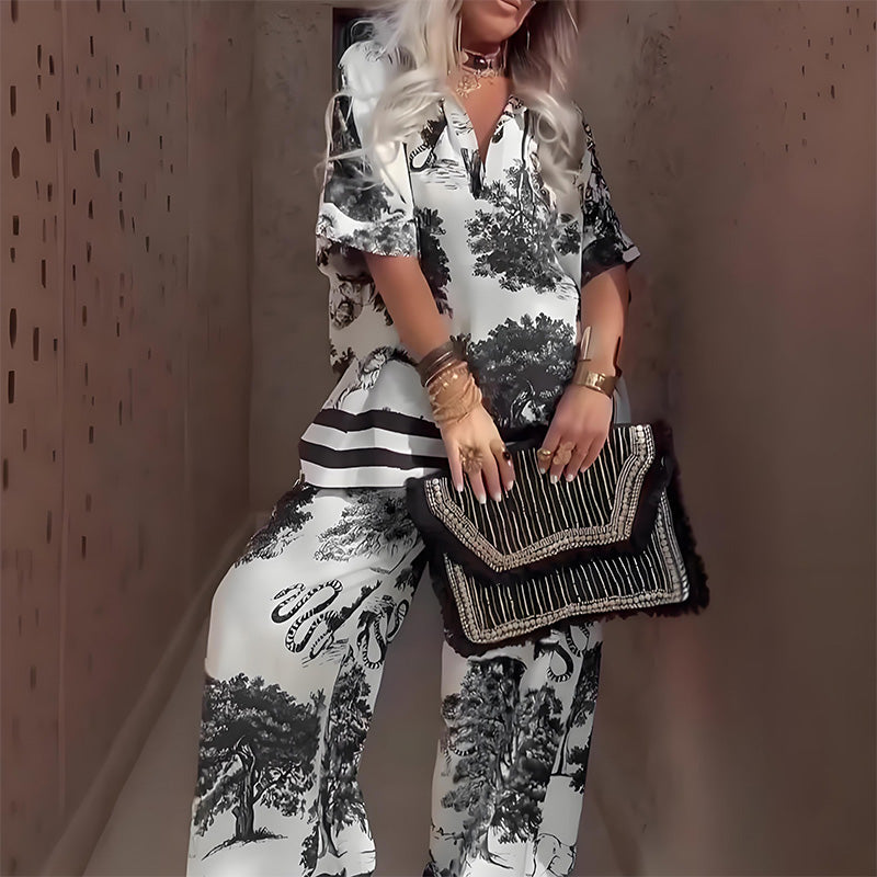 Morgan |Printed Top with V-Neck + Long Pants